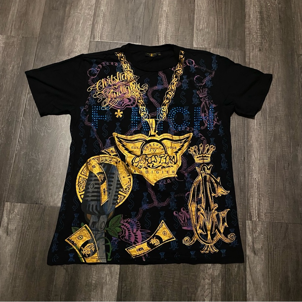 Christian Audigier Black / Gold / Multicolored AOP Short Sleeve Tee Tagged 2XL